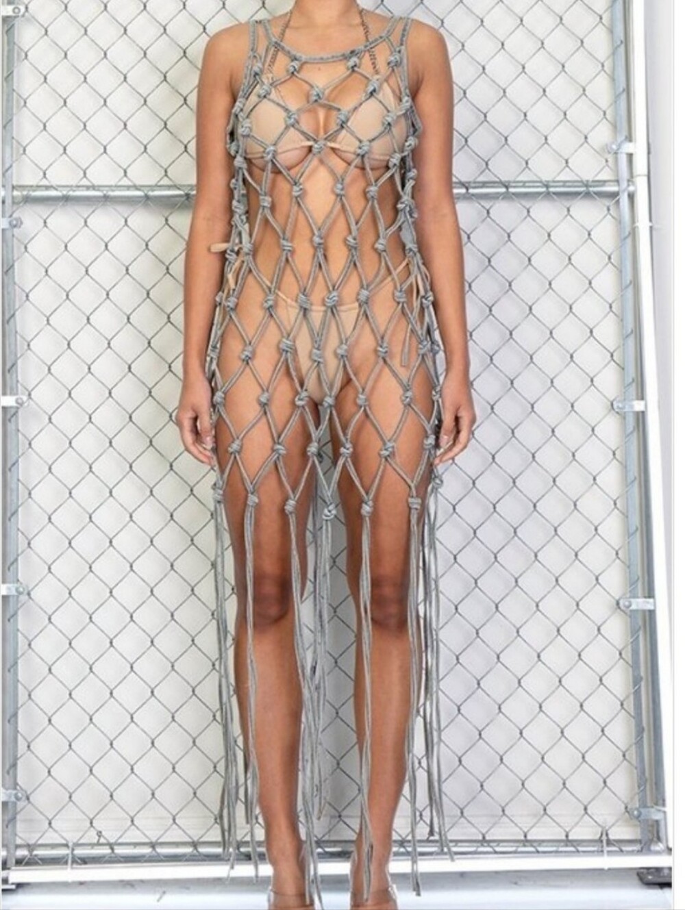 Knot-Detail Sheer Macramé Swim Cover-Up — Gray